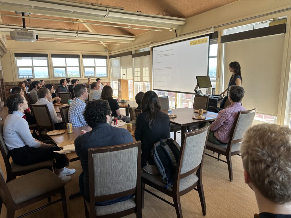 Sandra González-Bailón speaking to a group of students and faculty at Wesleyan University.