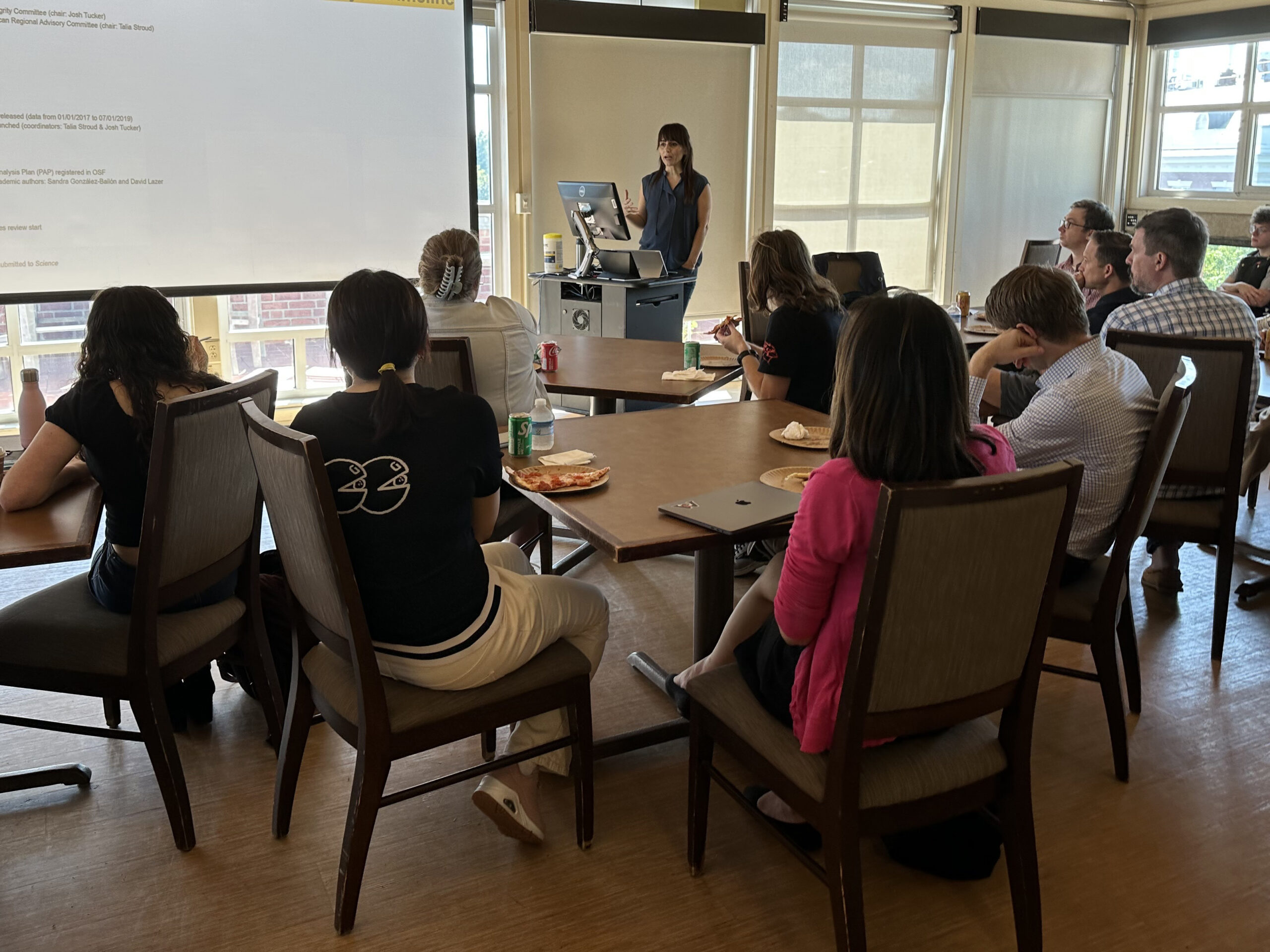 Sandra González-Bailón speaking to a group of students and faculty at Wesleyan University.